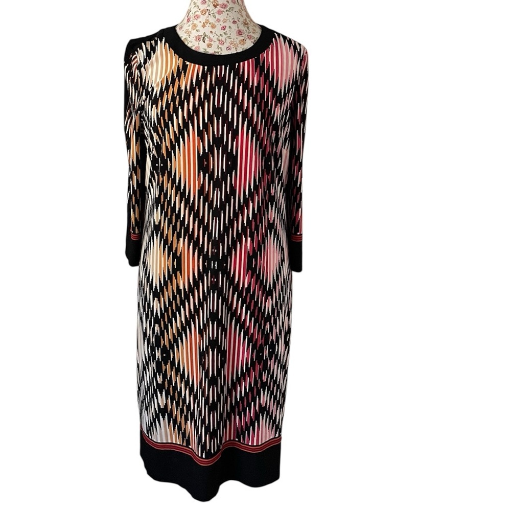 DRESSBARN Black Multicolor Striped 14 Dress 3/4 Sleeves Unlined Polyester Dress
